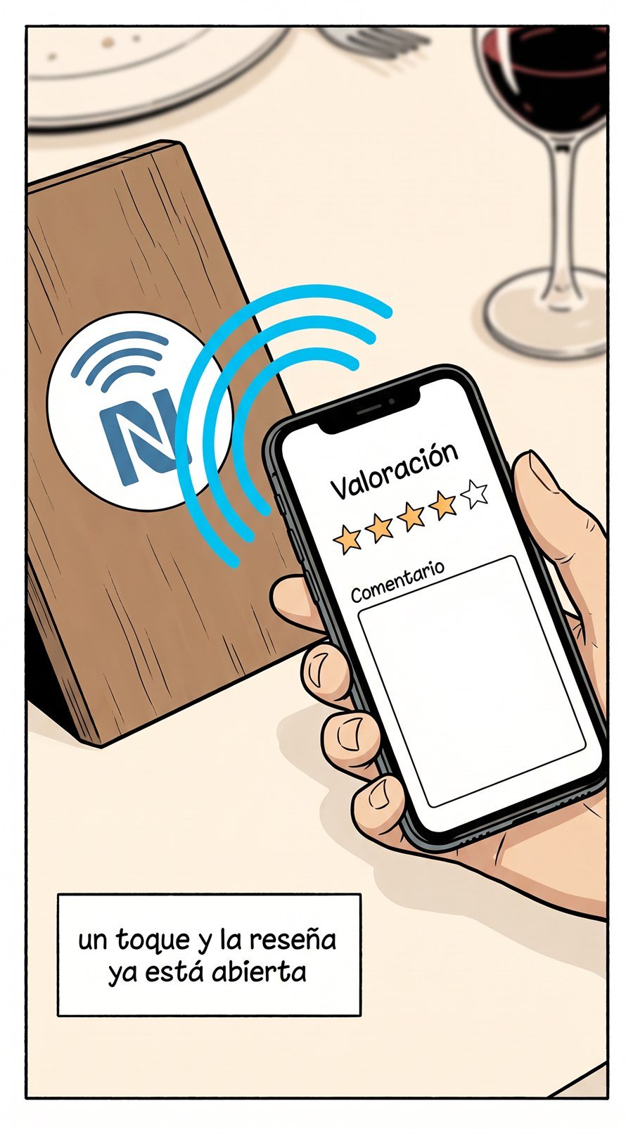 Una mano acerca el móvil a una etiqueta NFC sobre la mesa y se abre la pantalla de valoración.